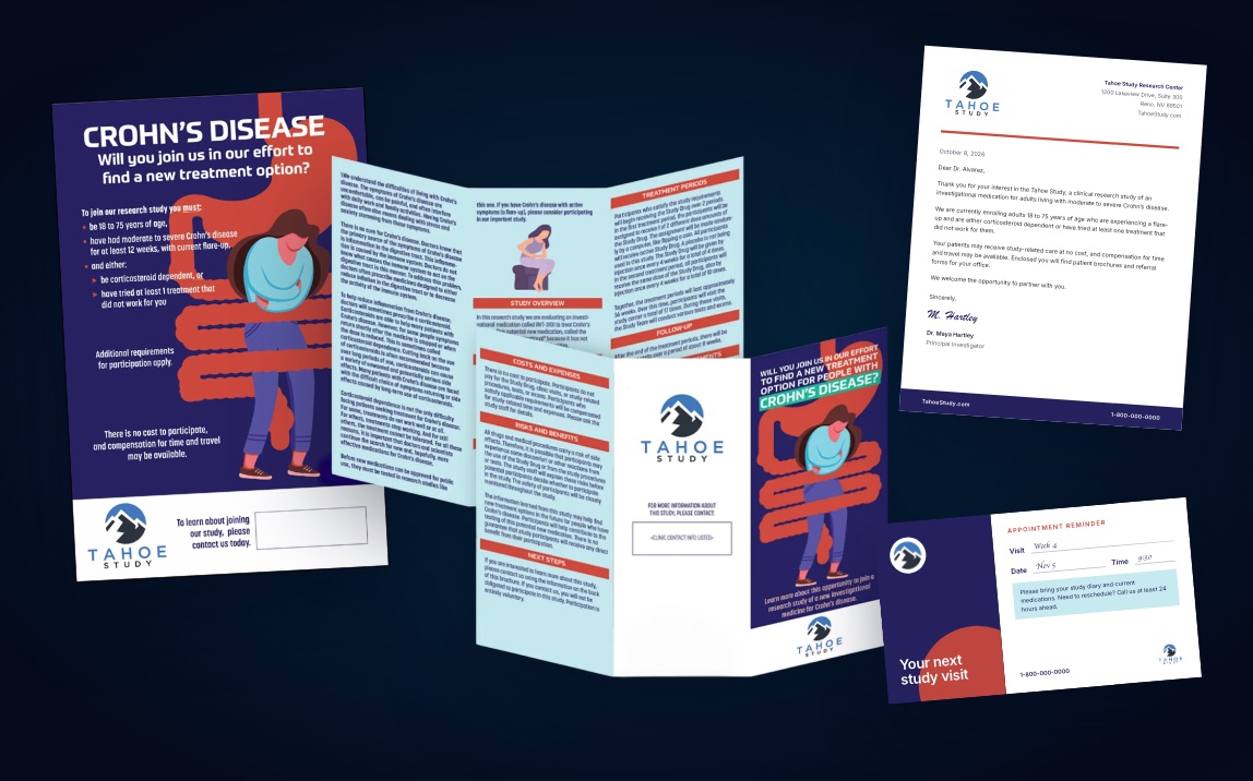 Tahoe Study patient materials: Crohn’s disease poster, tri-fold brochure, physician letter and appointment card