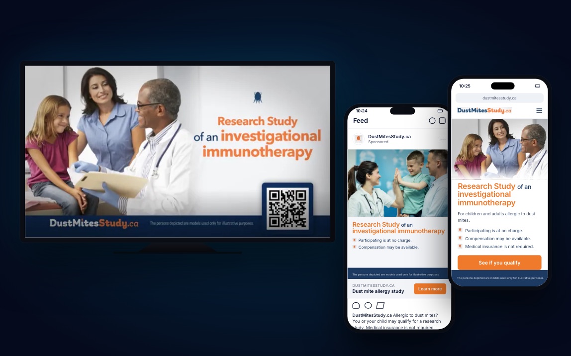 Connected campaign for DustMitesStudy.ca: TV spot, sponsored social post and mobile study website